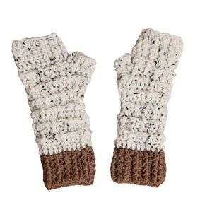 Brown & Cream Handmade Fingerless Gloves - One Size